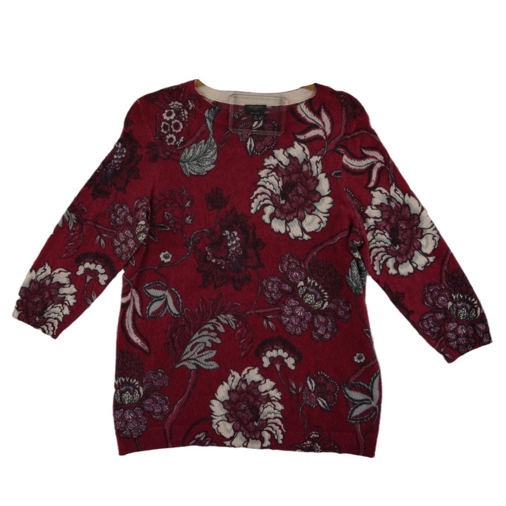 Talbots Pure Cashmere Sweater Women's Size 1X Burgundy Floral 3/4 Sleeve Crew - Picture 2 of 7